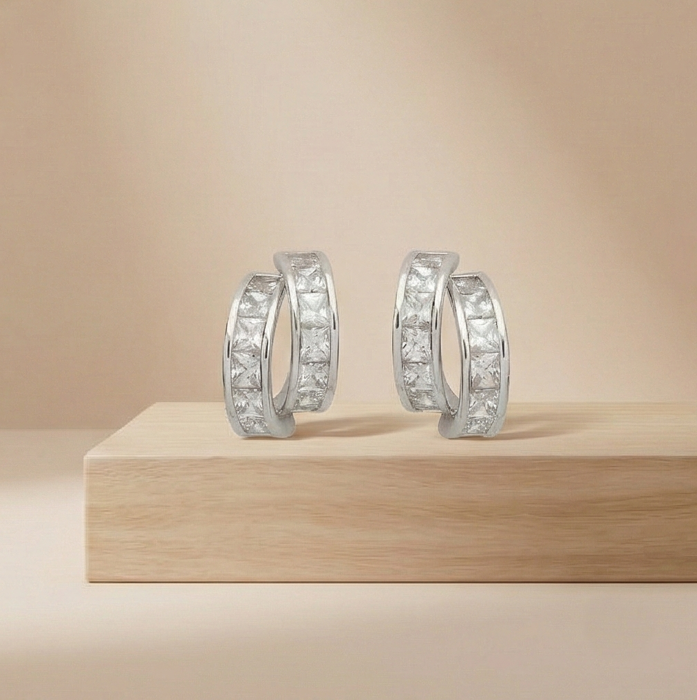 925 Sterling Silver Double Row Hoop Earrings Platinum Finish Contemporary Jewellery