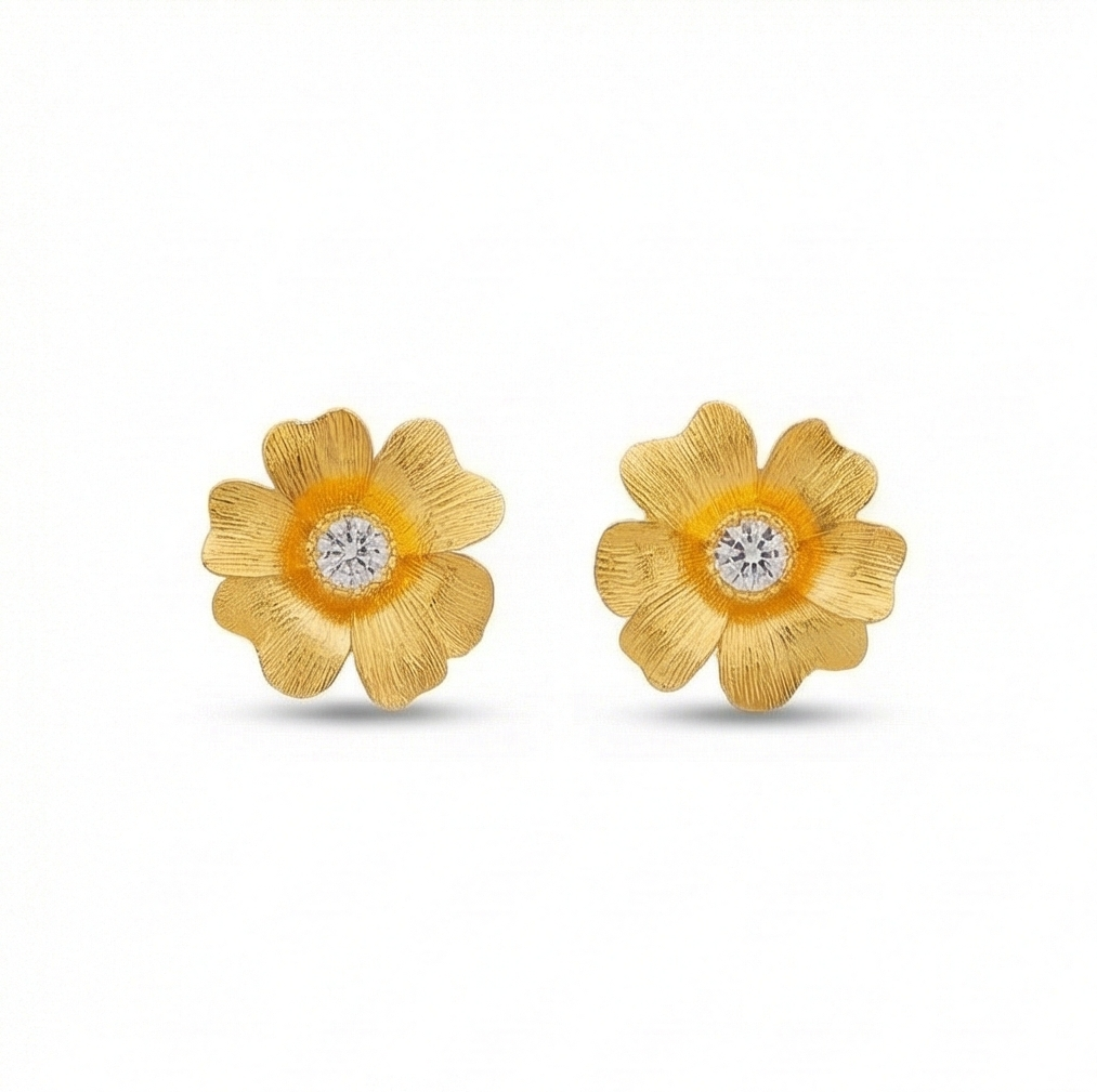 925 Sterling Silver Textured Floral Stud Earrings Gold Plated Flower Jewellery