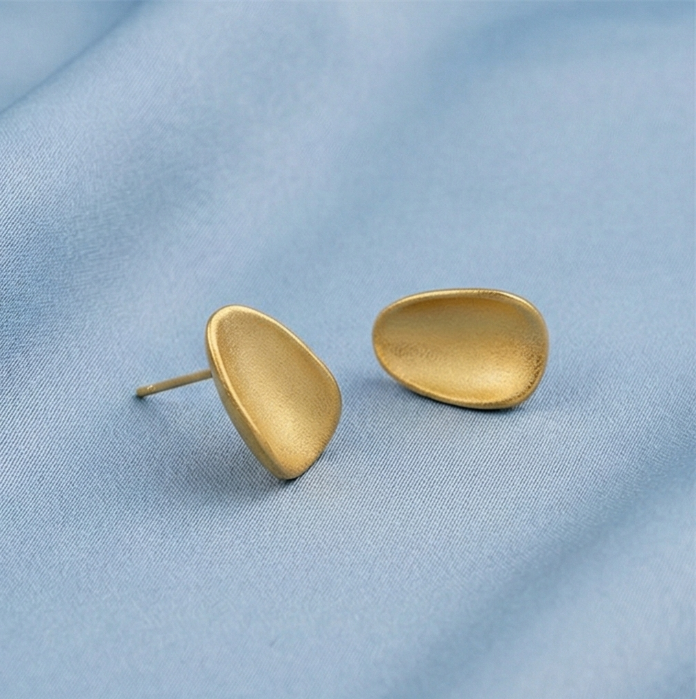 925 Sterling Silver Organic Pebble Stud Earrings Gold Plated Matte Finish Jewellery