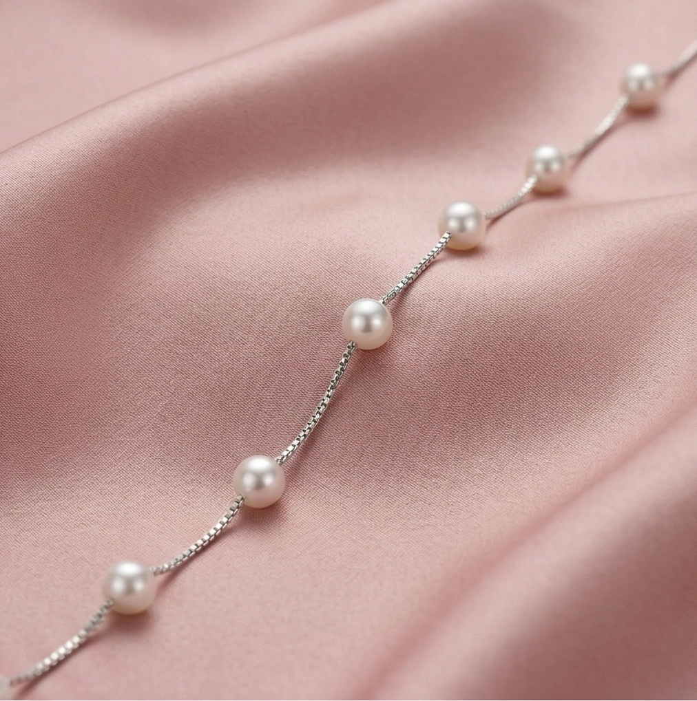 LUXE 925 Sterling Silver Delicate Pearl Box Chain Bracelet Jewellery for Women