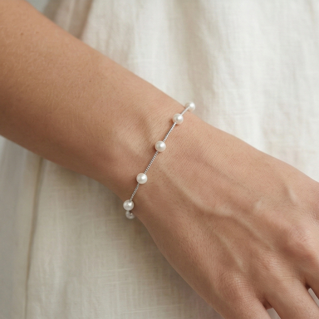 LUXE 925 Sterling Silver Delicate Pearl Box Chain Bracelet Jewellery for Women