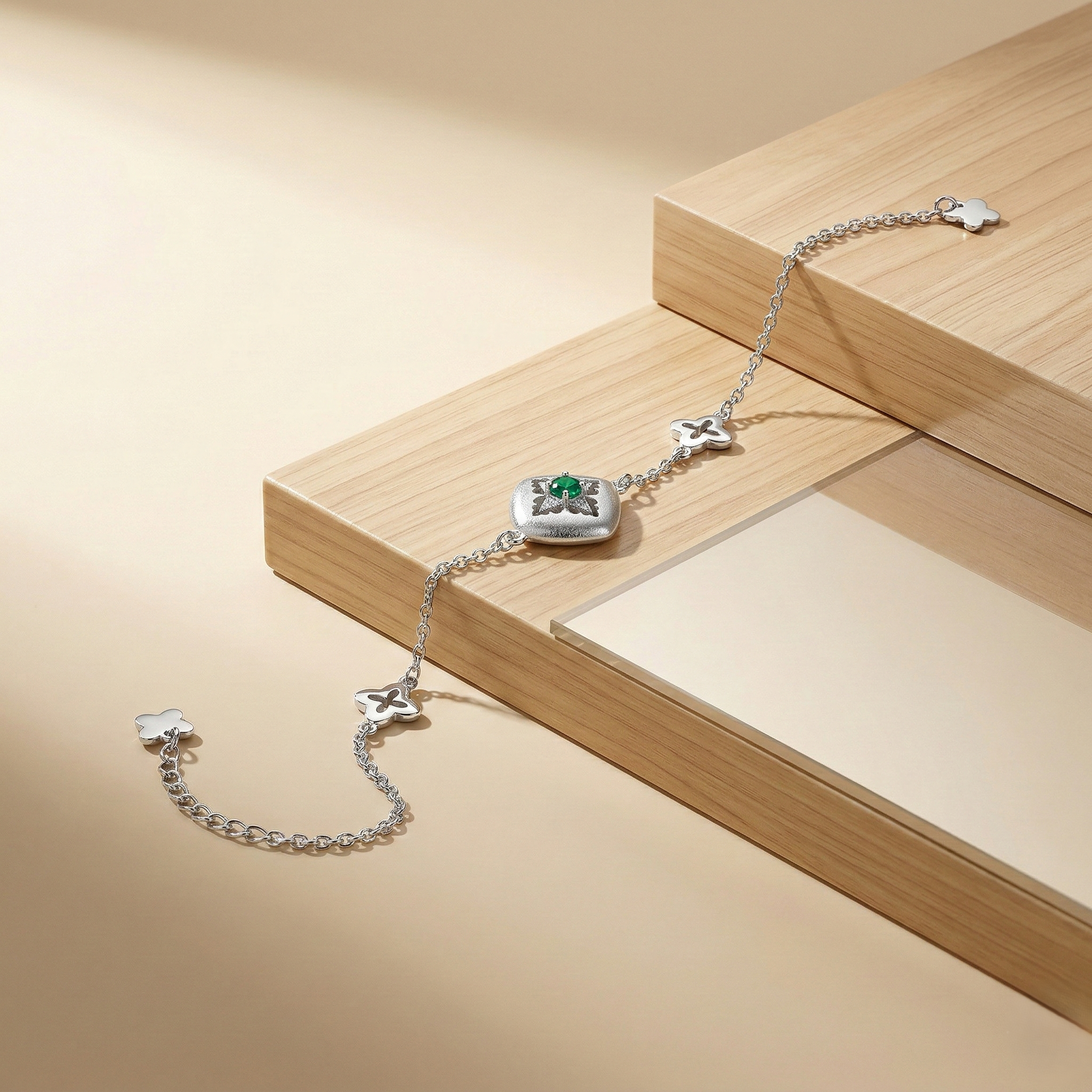 LUXE 925 Sterling Silver Geometric Emerald Green Centerpiece Chain Bracelet Jewellery for Women