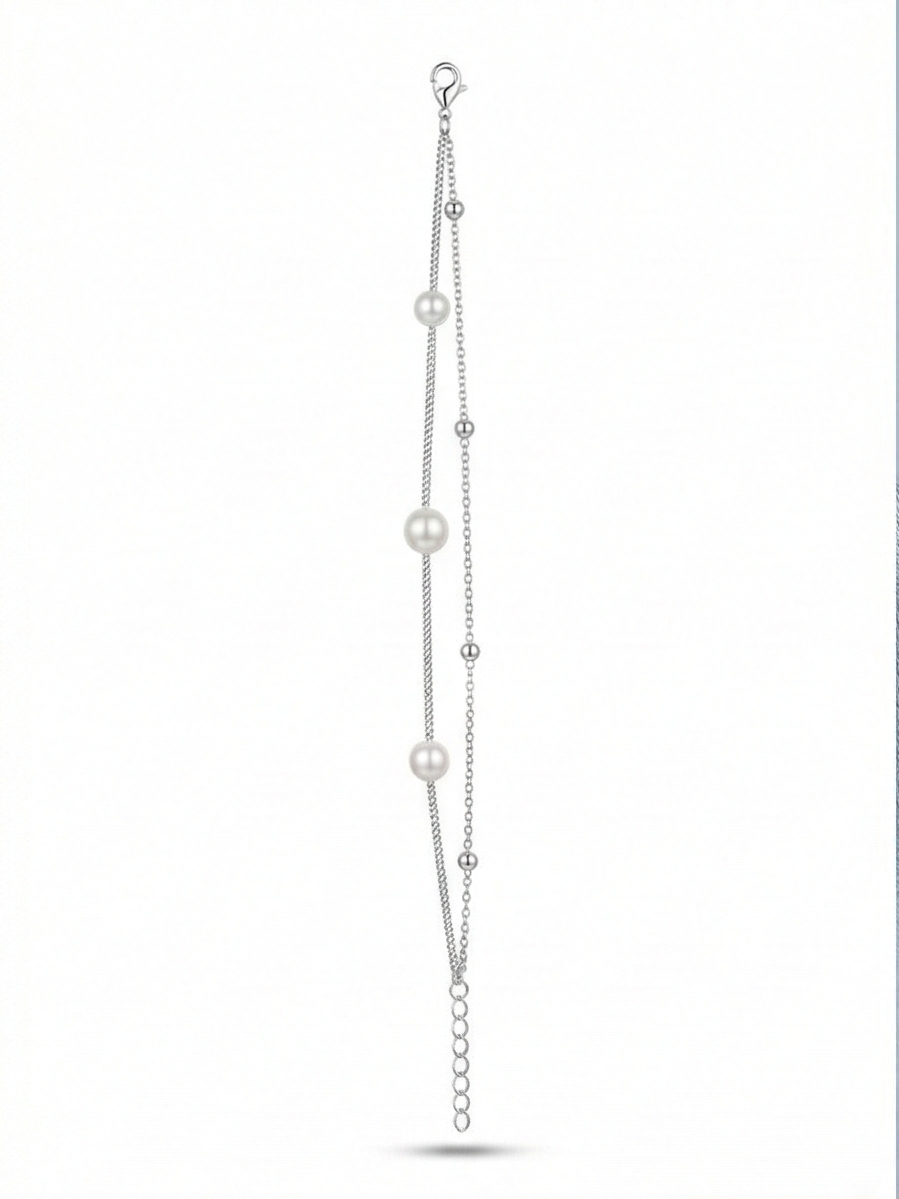 LUXE 925 Sterling Silver Double Layer Pearl and Bead Chain Bracelet Jewellery for Women