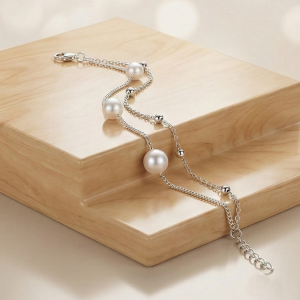 LUXE 925 Sterling Silver Double Layer Pearl and Bead Chain Bracelet Jewellery for Women