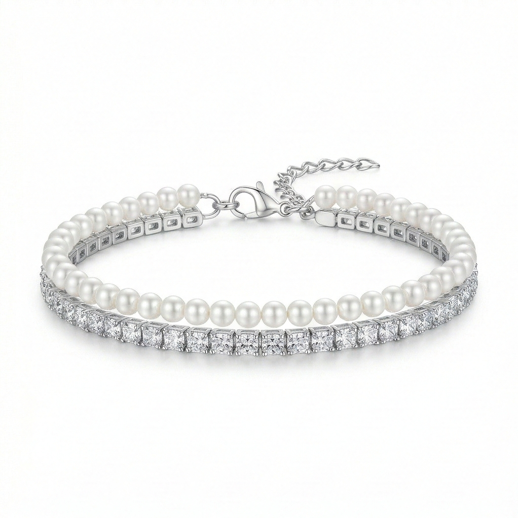 LUXE 925 Sterling Silver Double Strand Pearl and Sparkle Tennis Bracelet Jewellery for Women