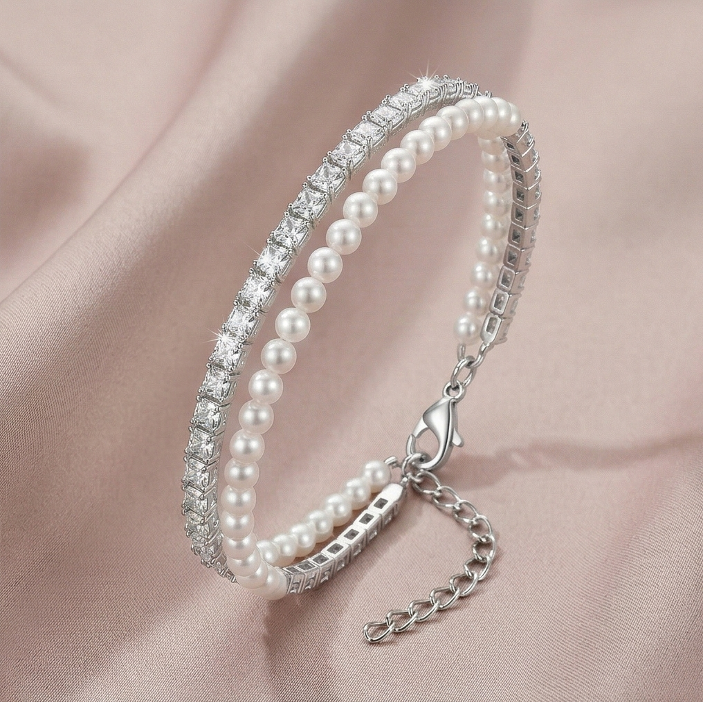 LUXE 925 Sterling Silver Double Strand Pearl and Sparkle Tennis Bracelet Jewellery for Women