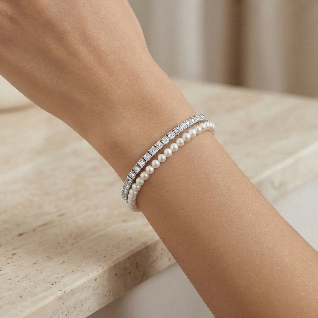 LUXE 925 Sterling Silver Double Strand Pearl and Sparkle Tennis Bracelet Jewellery for Women