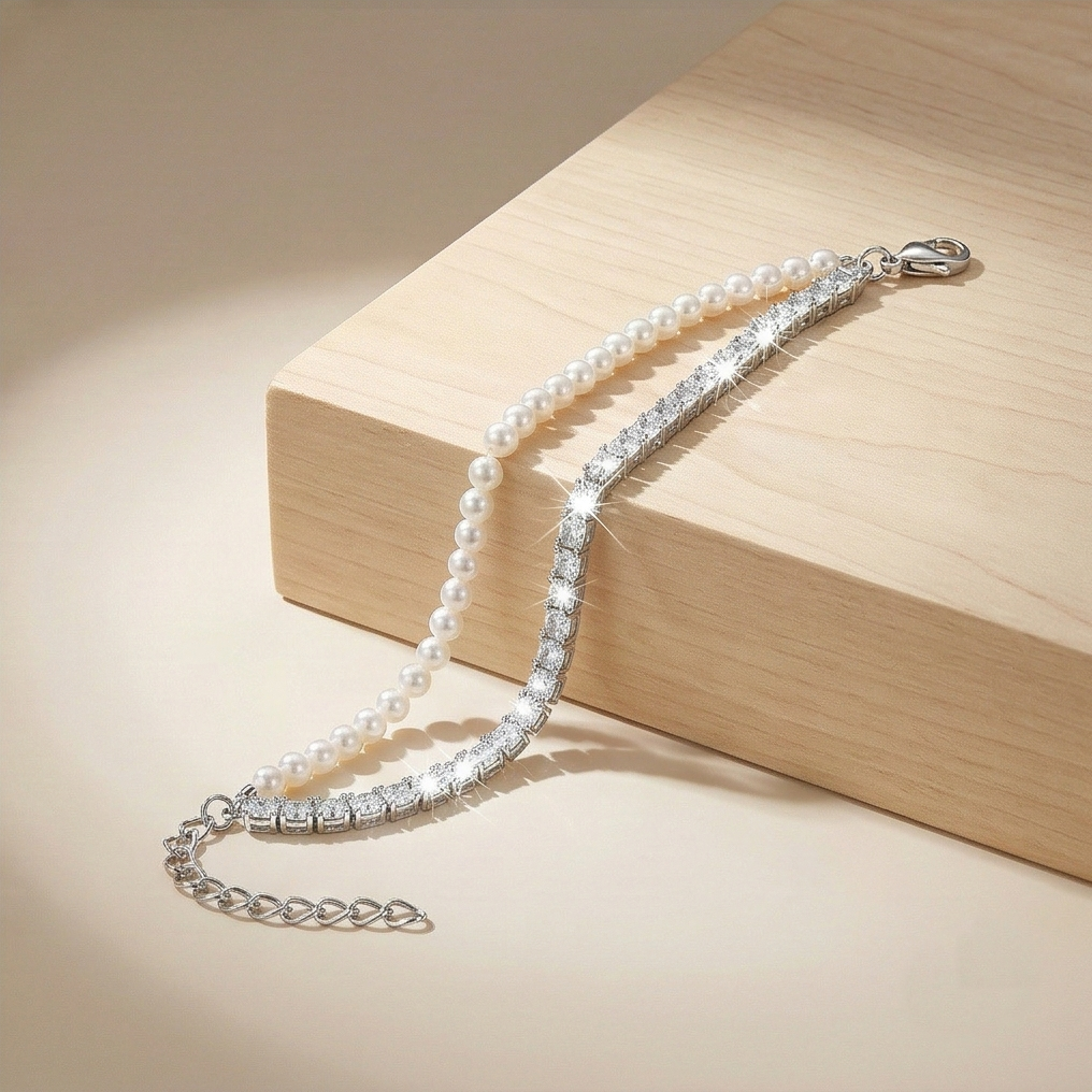 LUXE 925 Sterling Silver Double Strand Pearl and Sparkle Tennis Bracelet Jewellery for Women