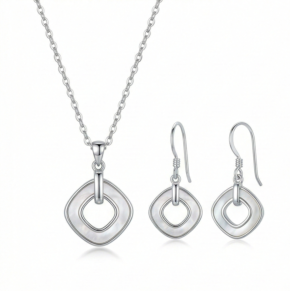 LUXE 925 Sterling Silver Geometric Open Square Pearl Inlay Pendant and Drop Earrings Jewellery Set for Women