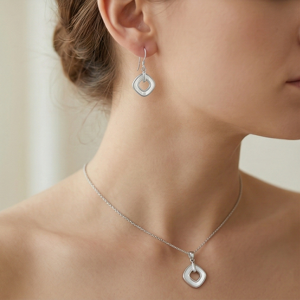 LUXE 925 Sterling Silver Geometric Open Square Pearl Inlay Pendant and Drop Earrings Jewellery Set for Women