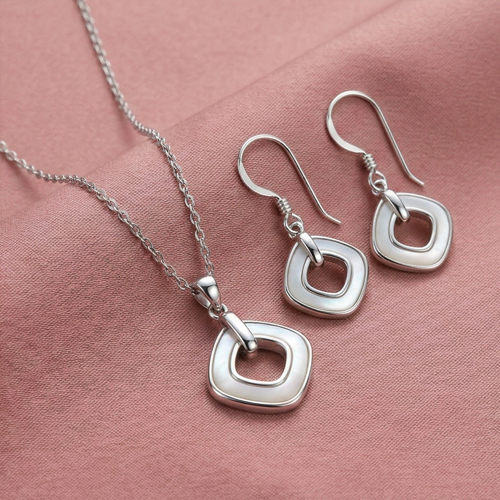 LUXE 925 Sterling Silver Geometric Open Square Pearl Inlay Pendant and Drop Earrings Jewellery Set for Women