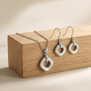LUXE 925 Sterling Silver Geometric Open Square Pearl Inlay Pendant and Drop Earrings Jewellery Set for Women