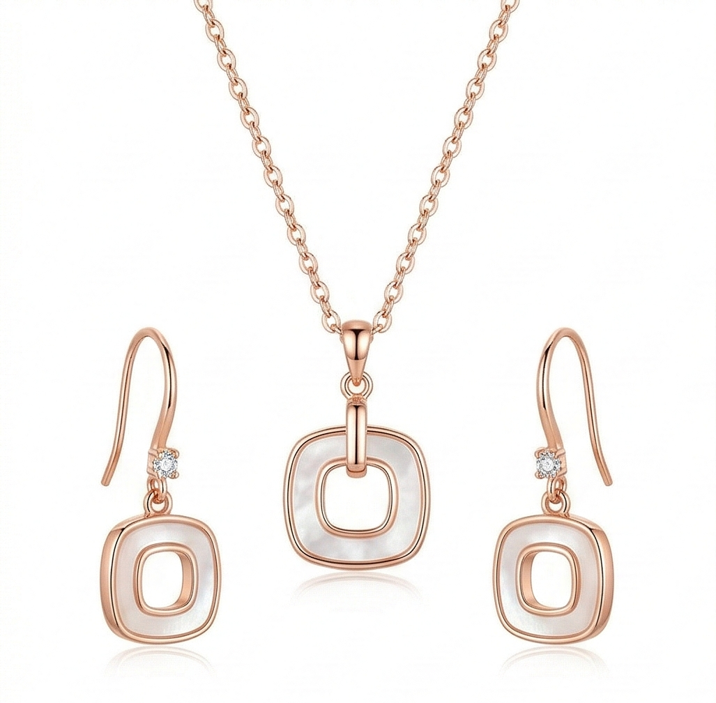 LUXE 925 Sterling Silver Rose Gold Plated Geometric Open Square Pendant and Drop Earrings Jewellery Set for Women
