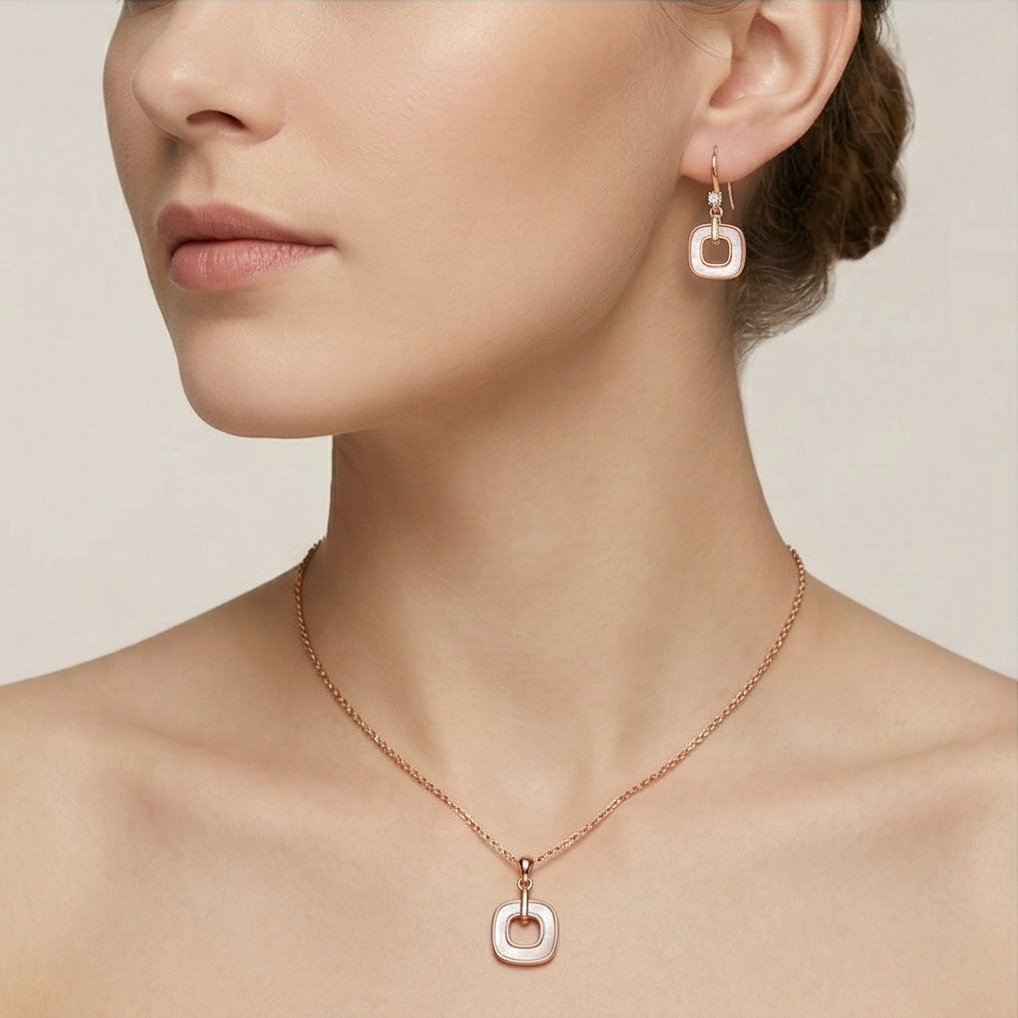 LUXE 925 Sterling Silver Rose Gold Plated Geometric Open Square Pendant and Drop Earrings Jewellery Set for Women