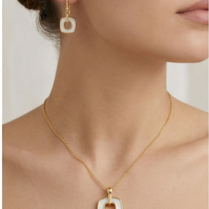 LUXE 925 Sterling Silver Yellow Gold Plated Geometric Open Square MOP Inlay Pendant and Drop Earrings Jewellery Set