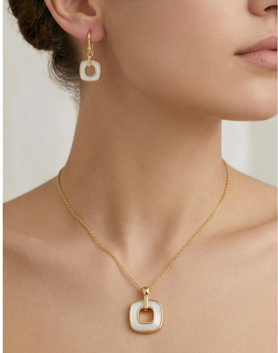 LUXE 925 Sterling Silver Yellow Gold Plated Geometric Open Square MOP Inlay Pendant and Drop Earrings Jewellery Set