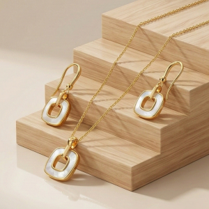 LUXE 925 Sterling Silver Yellow Gold Plated Geometric Open Square MOP Inlay Pendant and Drop Earrings Jewellery Set