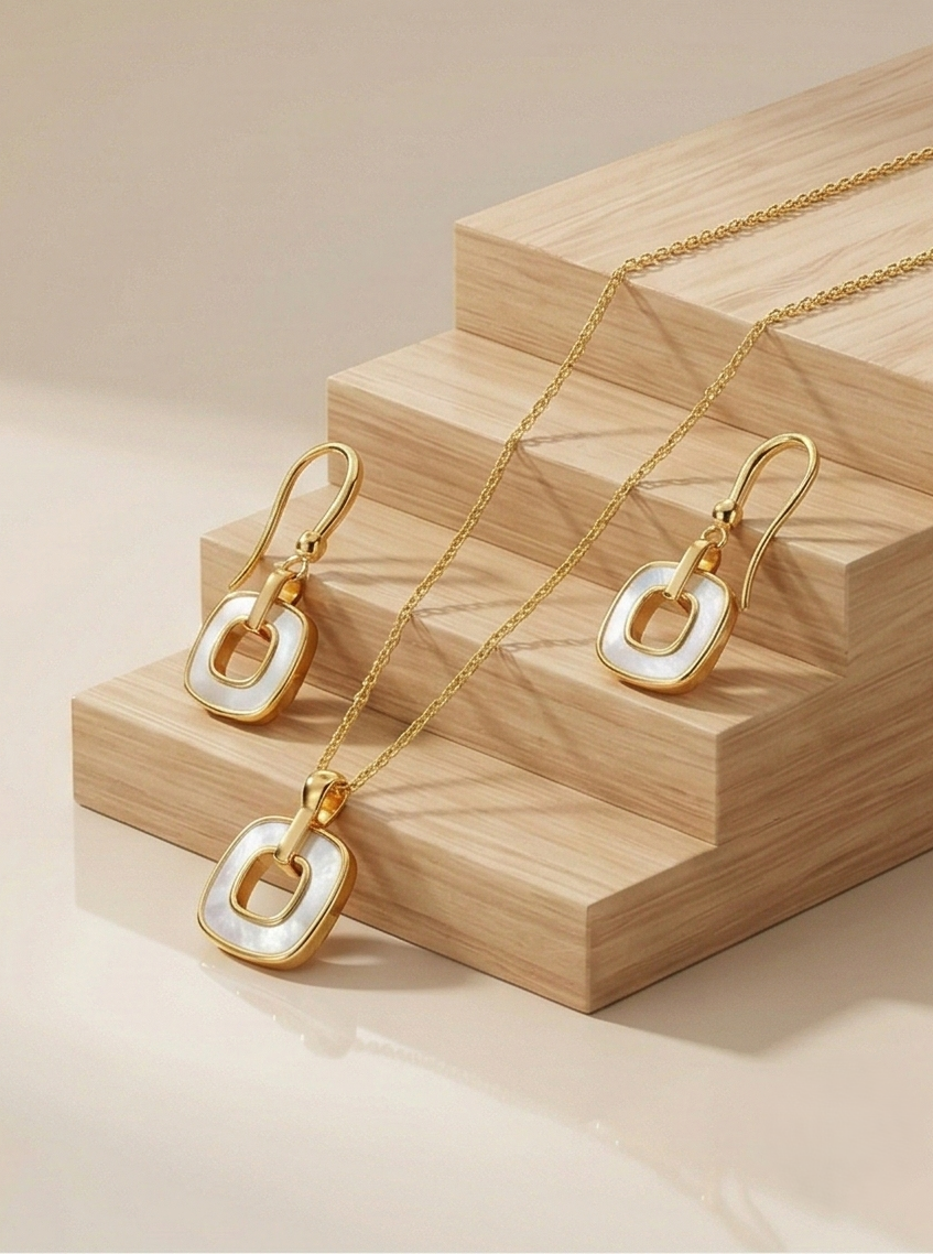 LUXE 925 Sterling Silver Yellow Gold Plated Geometric Open Square MOP Inlay Pendant and Drop Earrings Jewellery Set