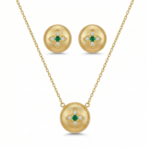 LUXE 925 Sterling Silver Yellow Gold Plated Ribbed Floral Pendant Necklace and Stud Earrings Jewellery Set for Women