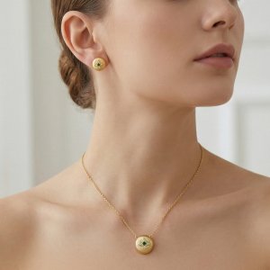 LUXE 925 Sterling Silver Yellow Gold Plated Ribbed Floral Pendant Necklace and Stud Earrings Jewellery Set for Women