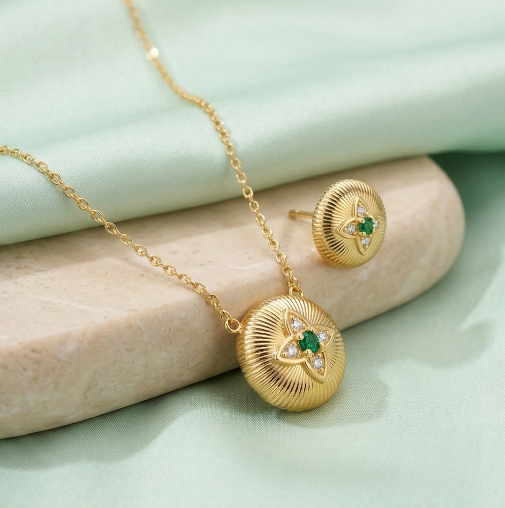 LUXE 925 Sterling Silver Yellow Gold Plated Ribbed Floral Pendant Necklace and Stud Earrings Jewellery Set for Women