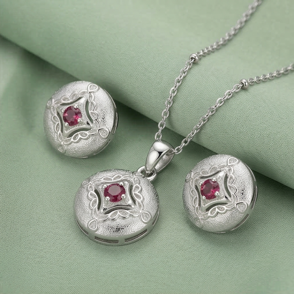 LUXE 925 Sterling Silver Vintage Round Filigree Pendant Necklace and Stud Earrings Jewellery Set for Women