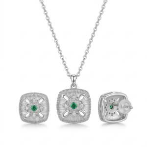 LUXE 925 Sterling Silver Cushion Cut Ribbed Floral Pendant Necklace and Stud Earrings Jewellery Set for Women