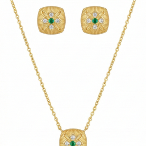 LUXE 925 Sterling Silver Textured Cushion Pendant Necklace and Earrings Set Yellow Gold Finish Vintage Jewellery