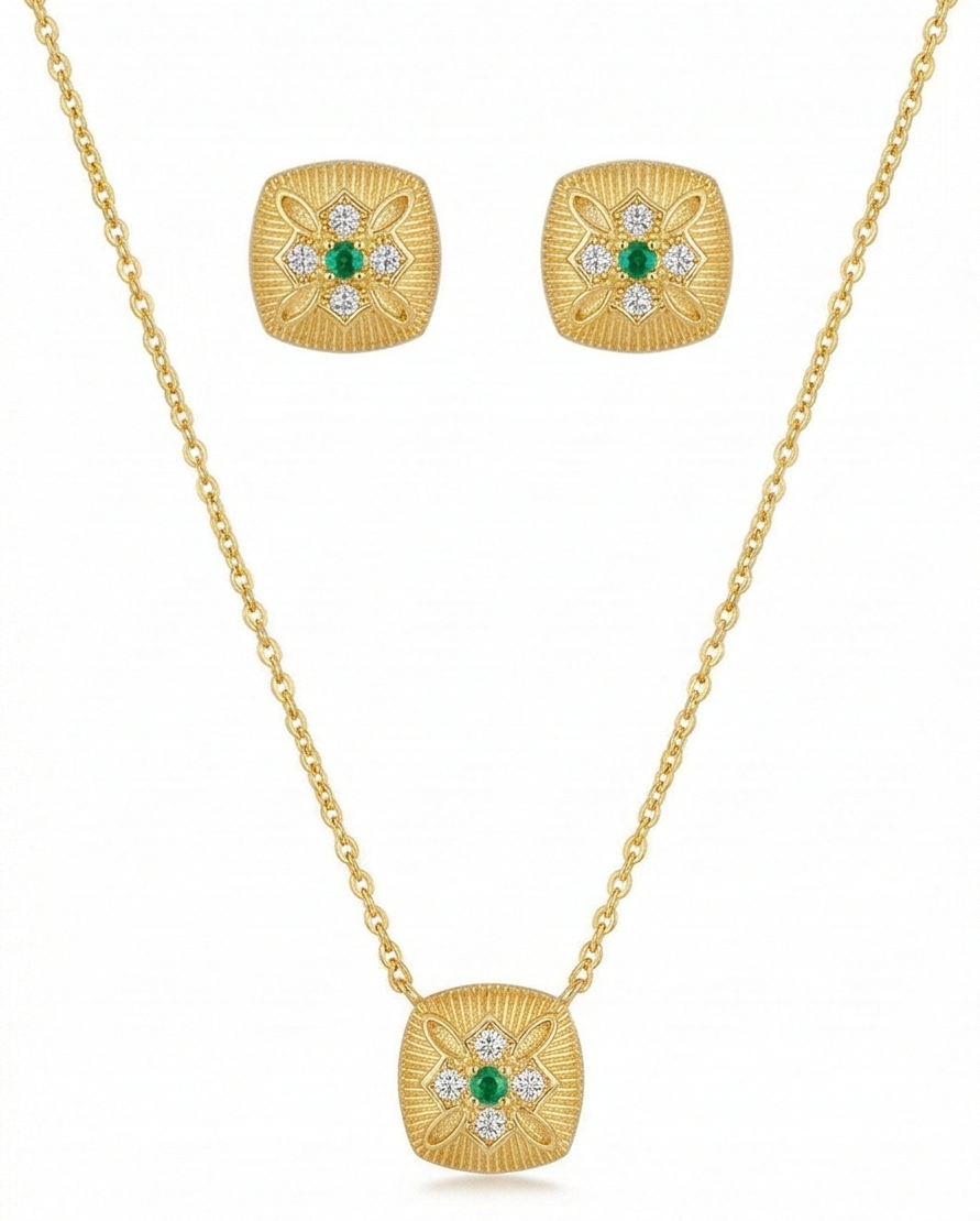 LUXE 925 Sterling Silver Textured Cushion Pendant Necklace and Earrings Set Yellow Gold Finish Vintage Jewellery