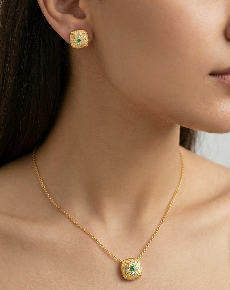 LUXE 925 Sterling Silver Textured Cushion Pendant Necklace and Earrings Set Yellow Gold Finish Vintage Jewellery