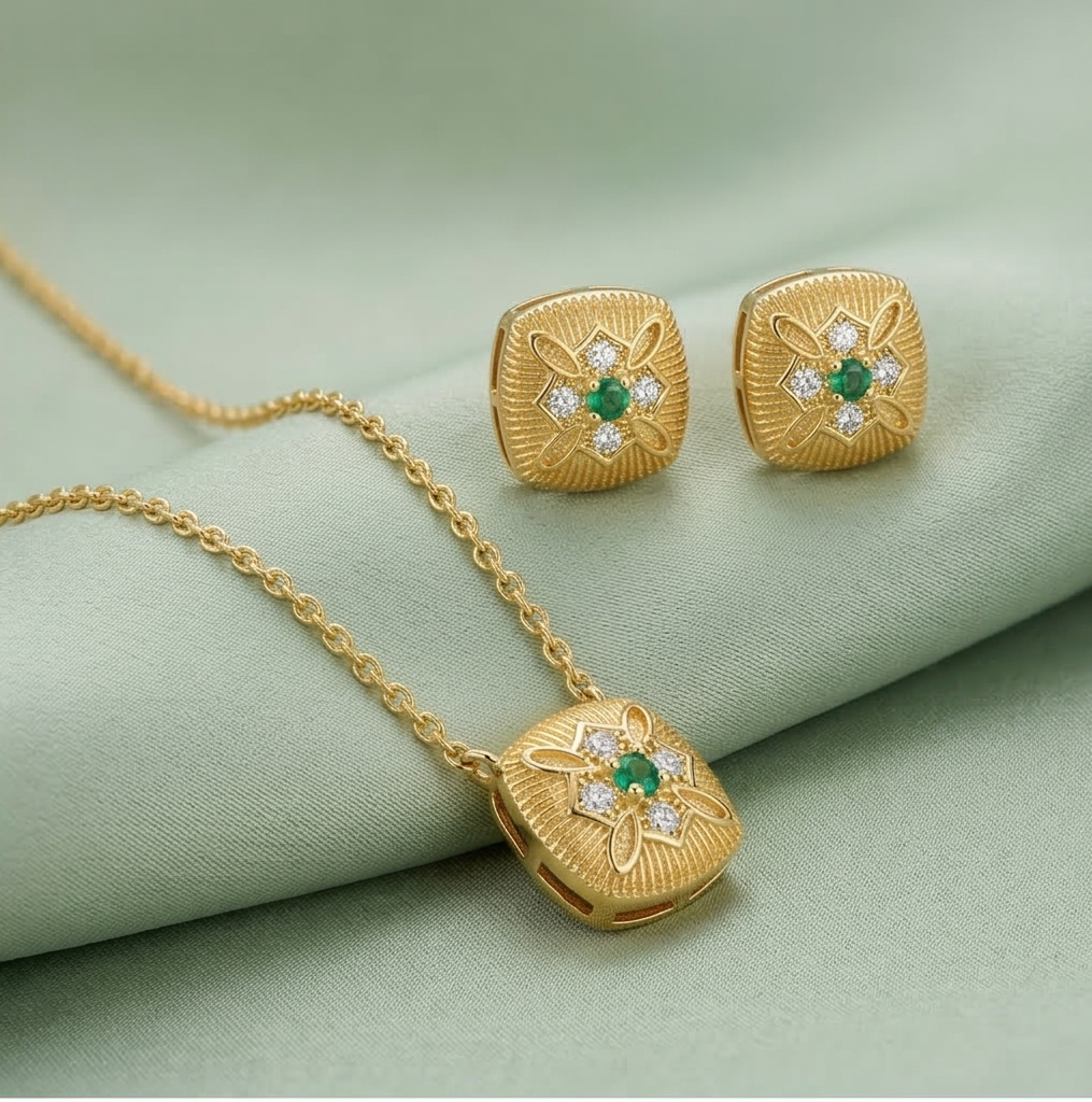 LUXE 925 Sterling Silver Textured Cushion Pendant Necklace and Earrings Set Yellow Gold Finish Vintage Jewellery
