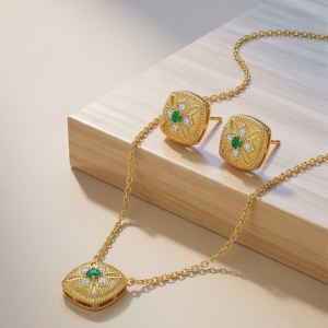 LUXE 925 Sterling Silver Textured Cushion Pendant Necklace and Earrings Set Yellow Gold Finish Vintage Jewellery