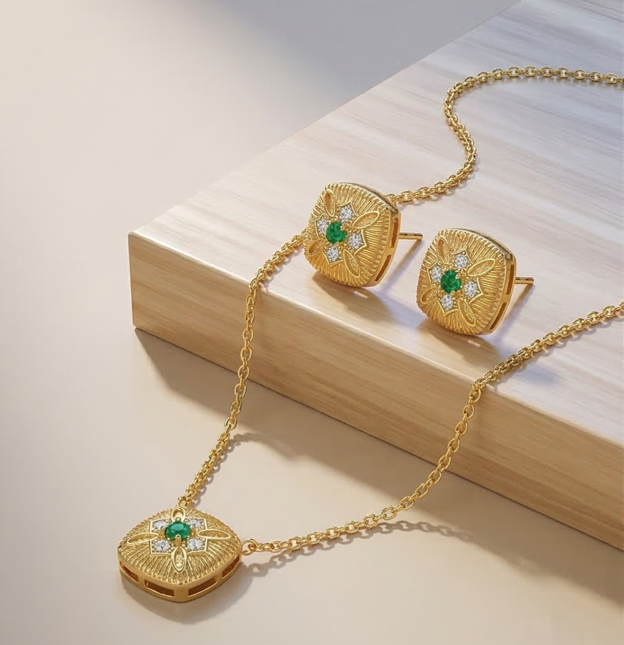 LUXE 925 Sterling Silver Textured Cushion Pendant Necklace and Earrings Set Yellow Gold Finish Vintage Jewellery