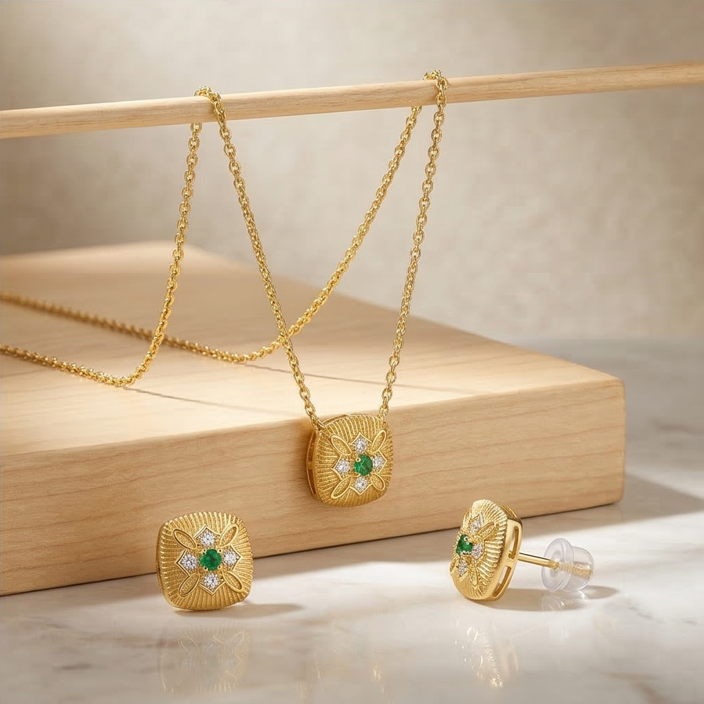 LUXE 925 Sterling Silver Textured Cushion Pendant Necklace and Earrings Set Yellow Gold Finish Vintage Jewellery