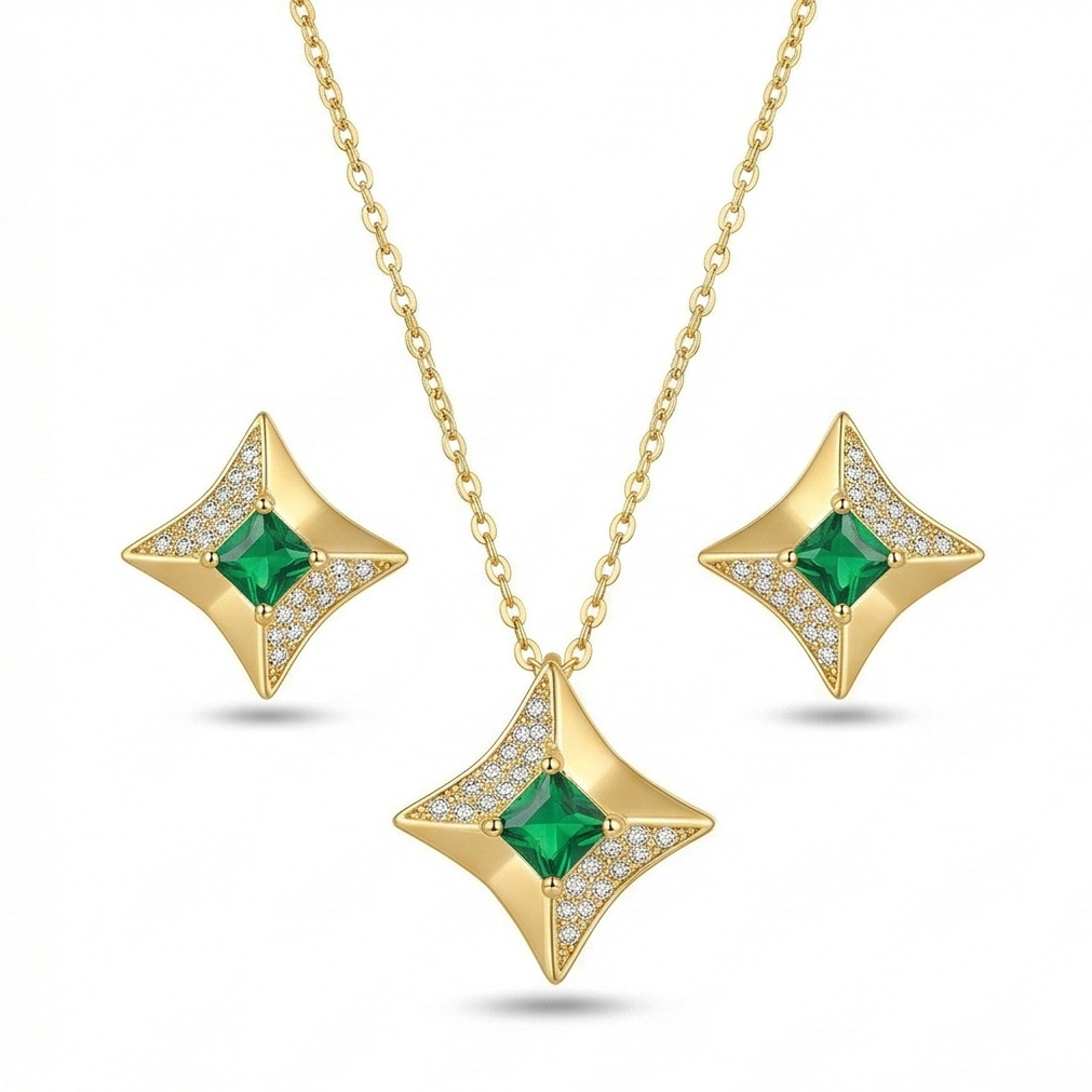 LUXE 925 Sterling Silver Four-Point Star Pendant Necklace and Earrings Set Yellow Gold Finish Statement Jewellery