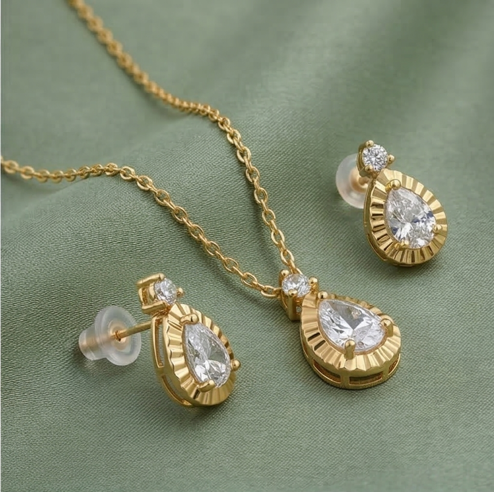 LUXE 925 Sterling Silver Teardrop Necklace and Earrings Set with Yellow Gold Finish LUXE Jewellery