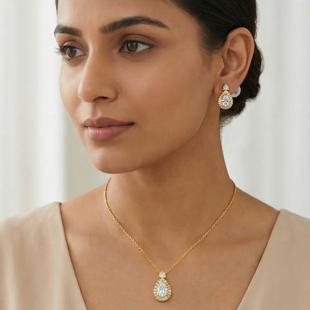 LUXE 925 Sterling Silver Teardrop Necklace and Earrings Set with Yellow Gold Finish LUXE Jewellery