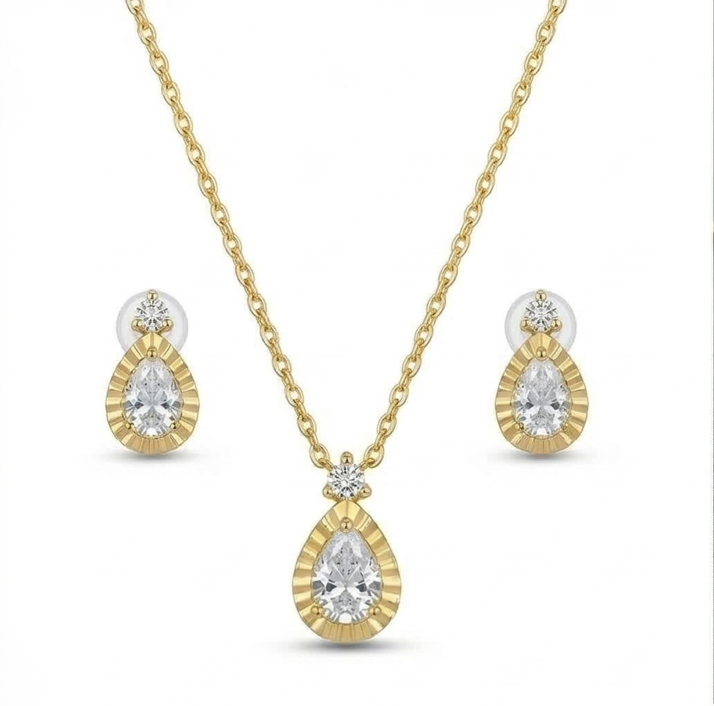 LUXE 925 Sterling Silver Teardrop Necklace and Earrings Set with Yellow Gold Finish LUXE Jewellery