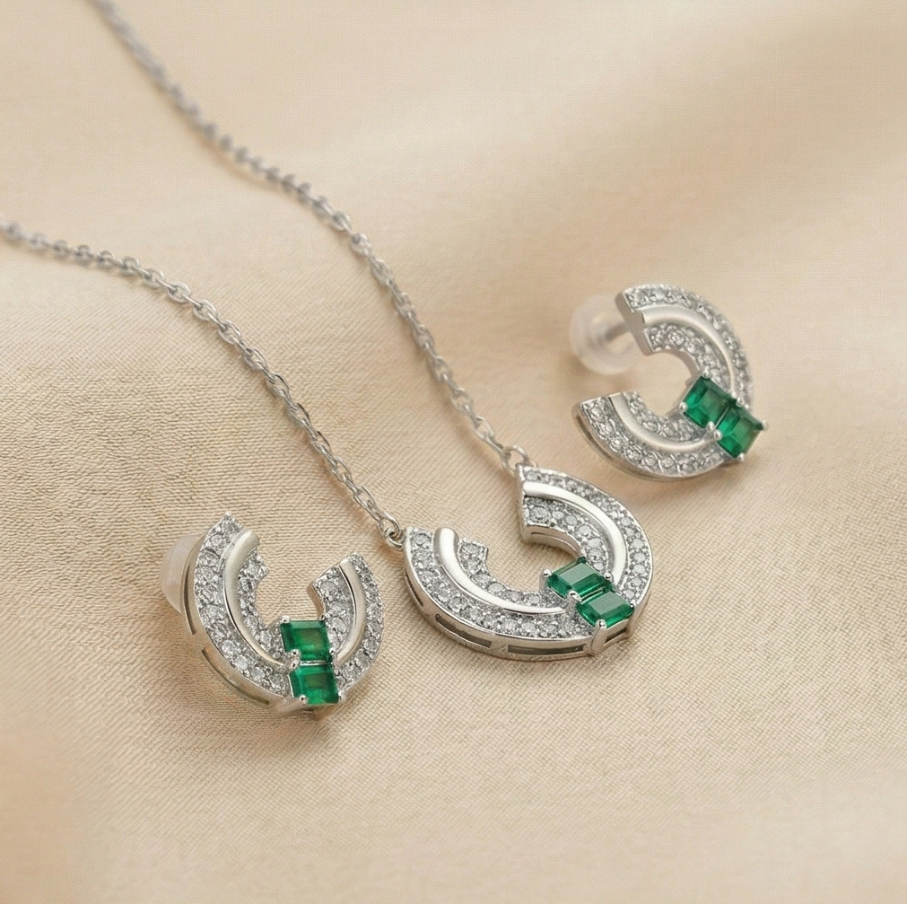 LUXE 925 Sterling Silver U-Shaped Geometric Necklace and Earrings Set in High Polish Finish Fine Jewellery