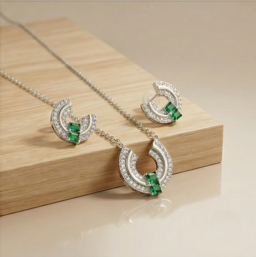 LUXE 925 Sterling Silver U-Shaped Geometric Necklace and Earrings Set in High Polish Finish Fine Jewellery