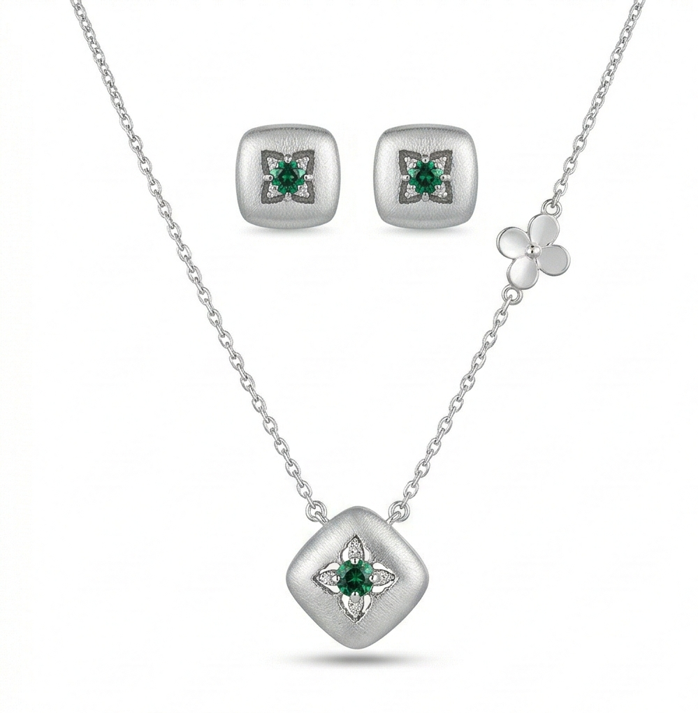 LUXE 925 Sterling Silver Cushion Floral Pendant Necklace and Stud Earrings Set Matte Finish Fine Jewellery