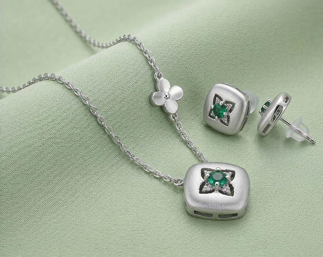 LUXE 925 Sterling Silver Cushion Floral Pendant Necklace and Stud Earrings Set Matte Finish Fine Jewellery