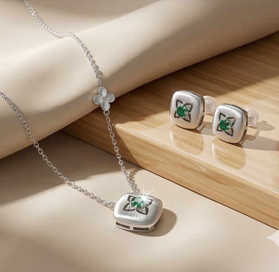 LUXE 925 Sterling Silver Cushion Floral Pendant Necklace and Stud Earrings Set Matte Finish Fine Jewellery