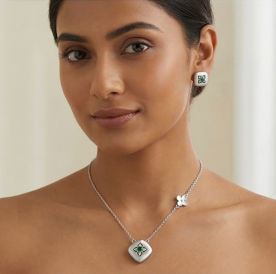 LUXE 925 Sterling Silver Cushion Floral Pendant Necklace and Stud Earrings Set Matte Finish Fine Jewellery