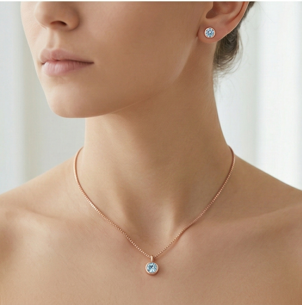 LUXE 925 Sterling Silver Bezel Set Round Pendant Necklace and Earrings Set Rose Gold Finish Everyday Jewellery