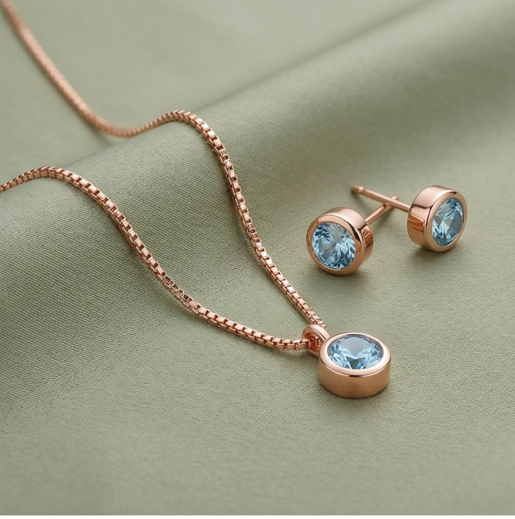 LUXE 925 Sterling Silver Bezel Set Round Pendant Necklace and Earrings Set Rose Gold Finish Everyday Jewellery
