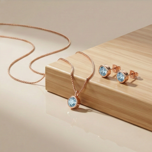 LUXE 925 Sterling Silver Bezel Set Round Pendant Necklace and Earrings Set Rose Gold Finish Everyday Jewellery