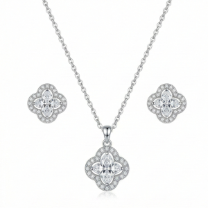LUXE 925 Sterling Silver Quatrefoil Halo Pendant Necklace and Earrings Set High Polish Finish Fine Jewellery