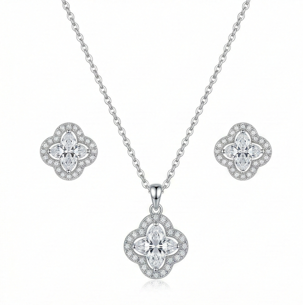 LUXE 925 Sterling Silver Quatrefoil Halo Pendant Necklace and Earrings Set High Polish Finish Fine Jewellery