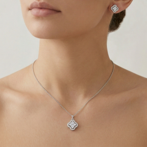 LUXE 925 Sterling Silver Quatrefoil Halo Pendant Necklace and Earrings Set High Polish Finish Fine Jewellery